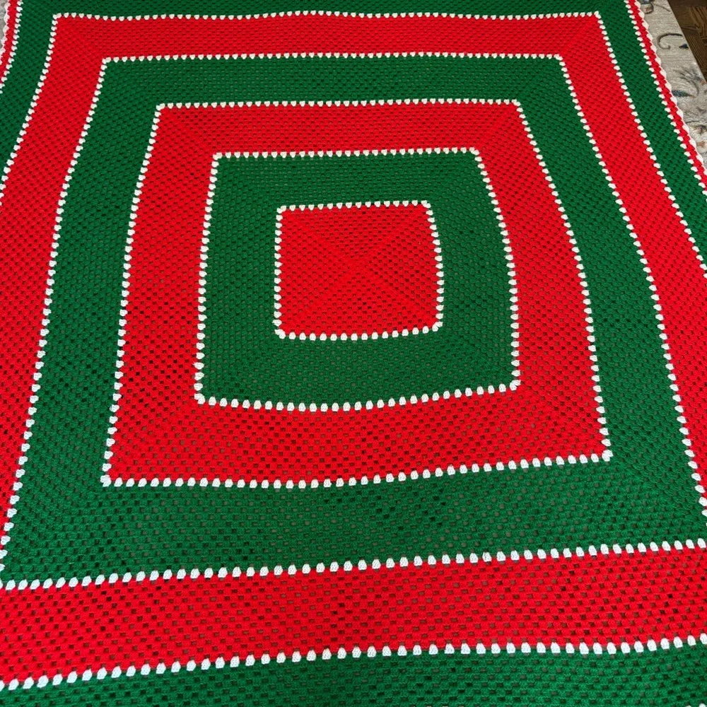 Handmade crochet green and red throw afghan blanket 88” x 88”